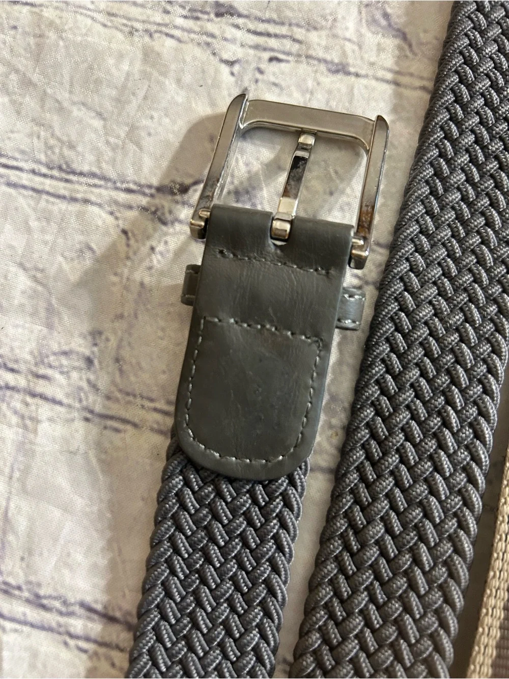 LOT OF (2) MEN NEUTRAL COLOR BELTS GREY STRETCH & TAUPE/TAN FABRIC SILVER TONE
